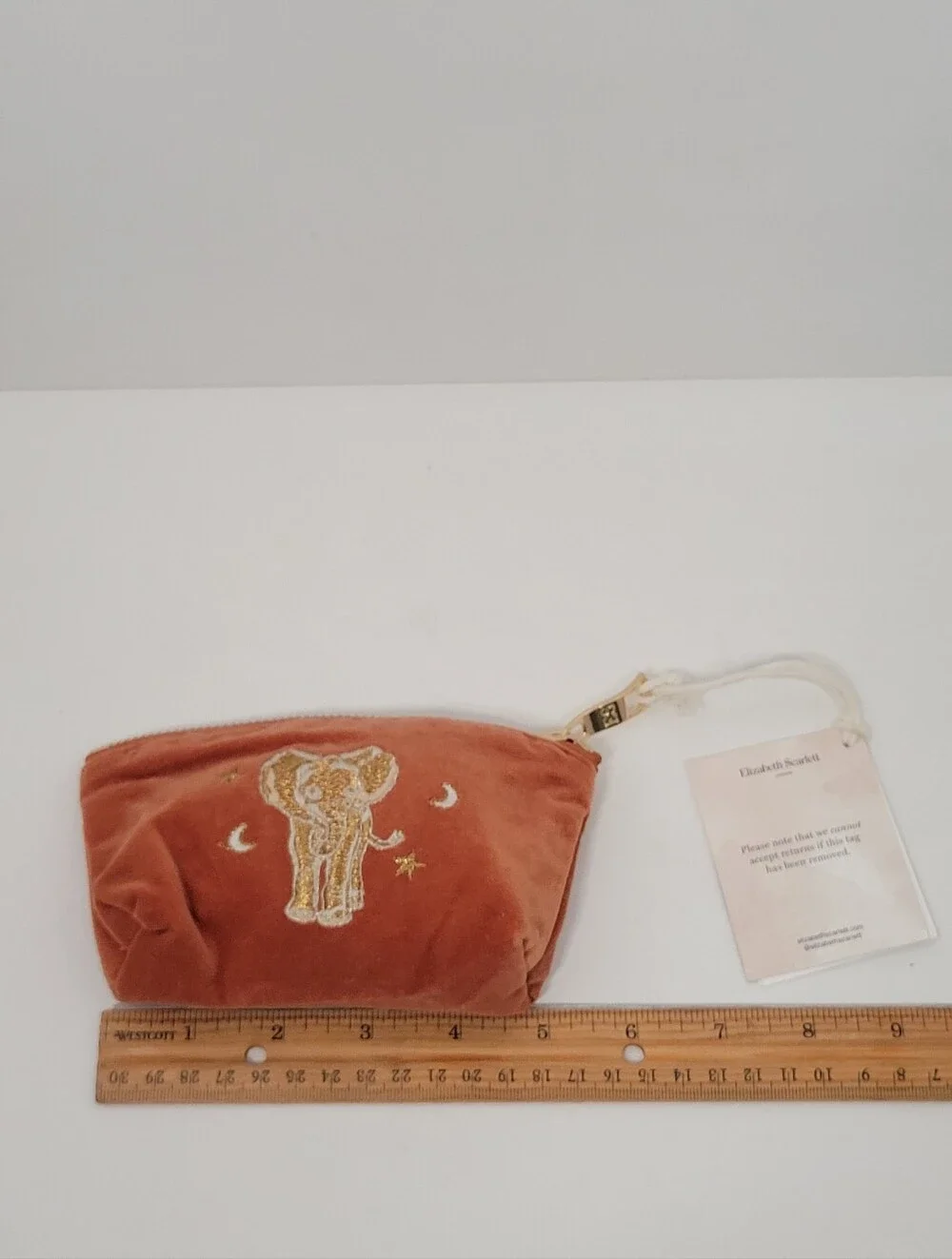 Elizabeth Scarlett Orange Embroidered Elephant Velvet Makeup Bag New Limited